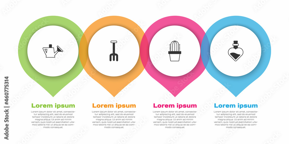 装上水壶、花园耙子、仙人掌盆和装有爱情药剂的瓶子。商业信息图t