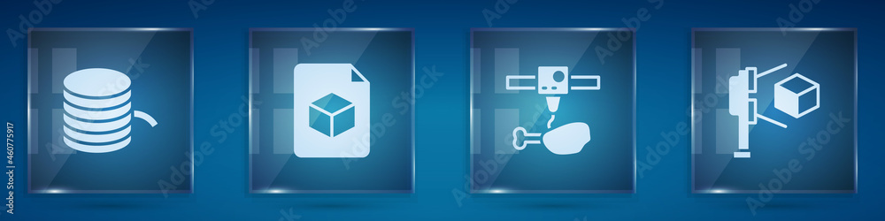 Set Filament for 3D printer, Isometric cube file, chicken leg and scanner with. Square glass panels.