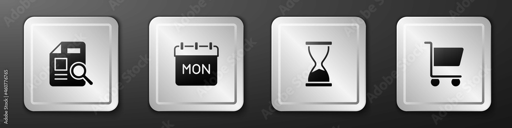使用图表、日历、旧沙漏和购物车图标设置文档。银色方形按钮。