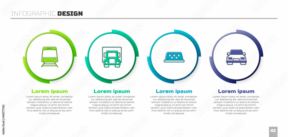 设置火车和铁路，送货卡车，出租车车顶和汽车。商业信息图模板。Vecto