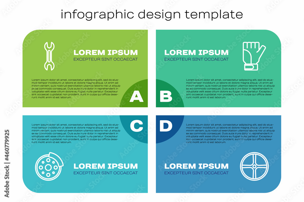 Set line Bicycle brake disc, Wrench spanner, wheel and Gloves. Business infographic template. Vector