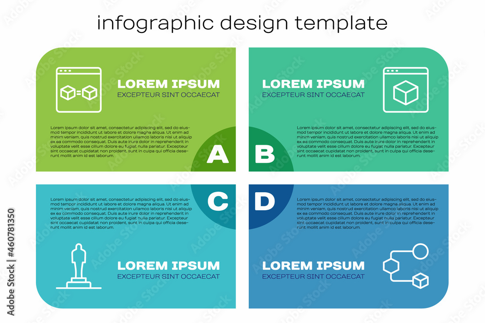 设置行3D打印机模型、完美副本、等角立方体和.Business infographic template.Vvector