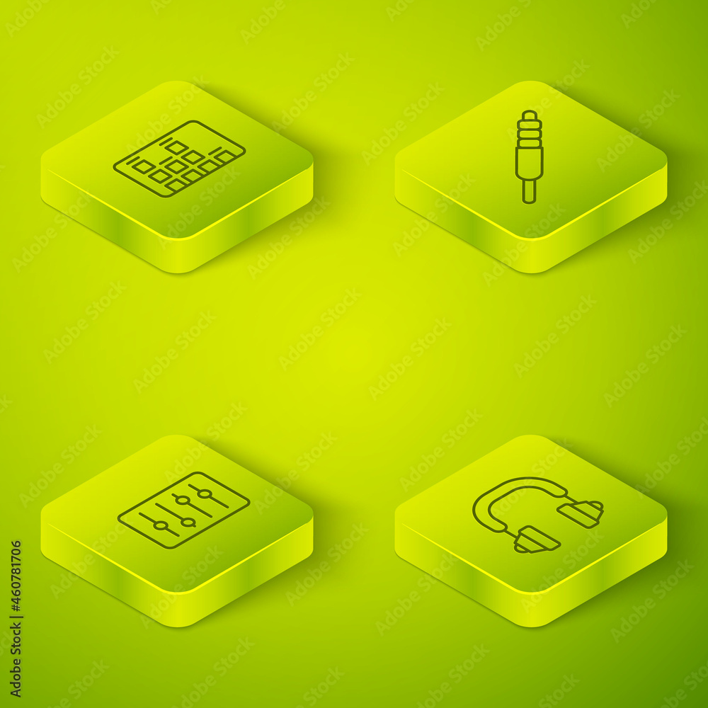 Set Isometric line Audio jack, Sound mixer controller, Headphones and Music equalizer icon. Vector