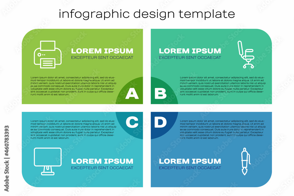 设置线电脑显示器、打印机、钢笔笔尖和办公椅。商业信息图模板