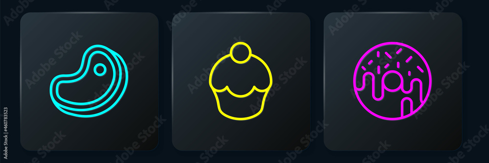 Set line Steak meat, Donut and Muffin. Black square button. Vector