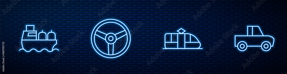设置有轨电车和铁路、油轮、方向盘和皮卡。闪亮的霓虹灯图标在br