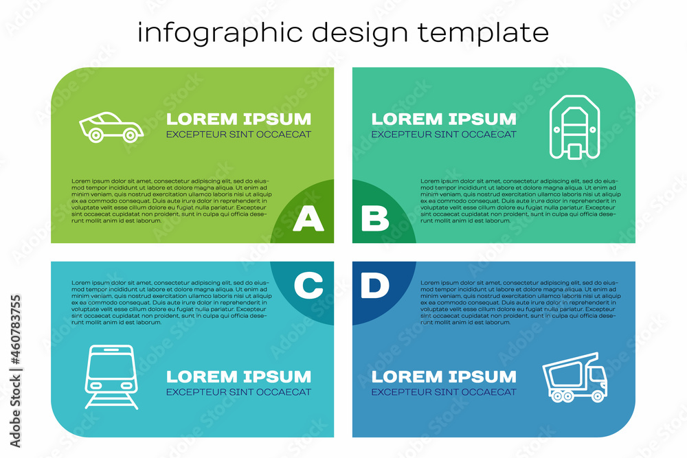 Set line Train and railway, Car, Delivery cargo truck and Rafting boat. Business infographic templat