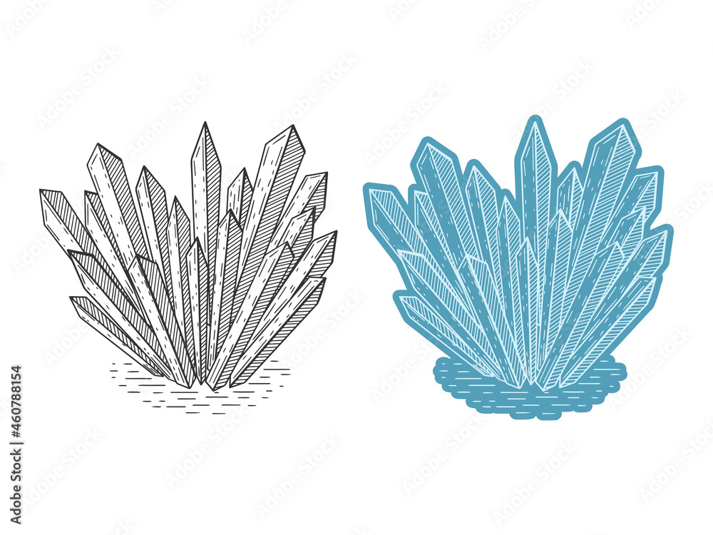 set of crystals. Hand drawn line art. Vector illustration. Isolated on white. Doodle, sketch. monoch