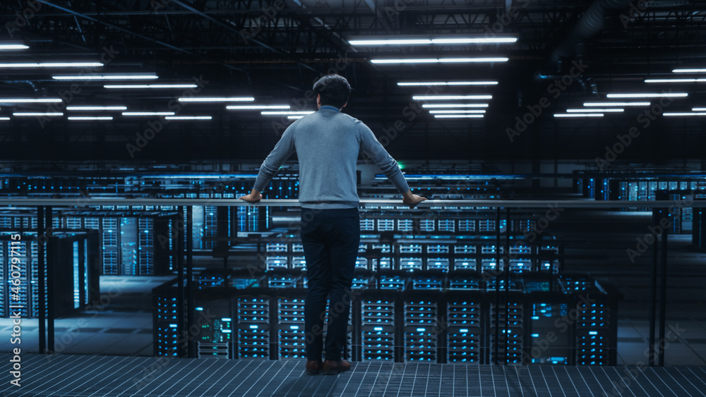 Data Center Engineer Looking Down from a Balcony on Server Farm Cloud Computing Specialist Facility.