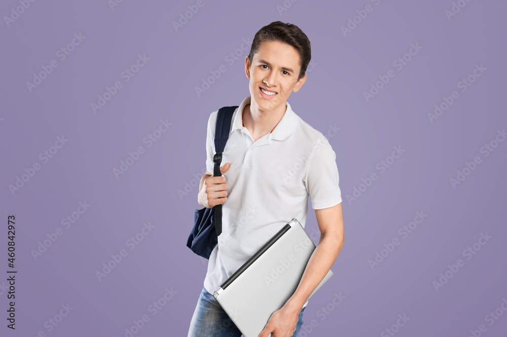 Young boy teen student wear casual clothes and backpack posing