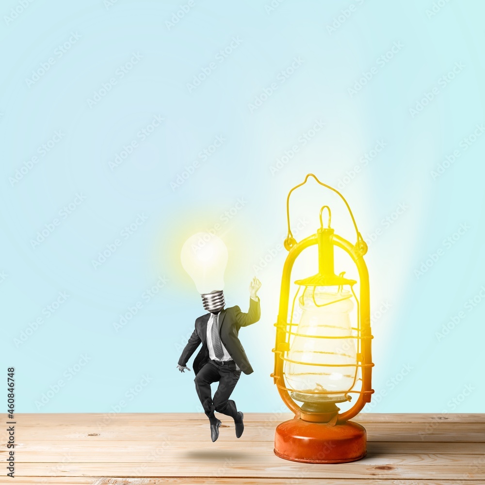 Modern design, contemporary art collage. Small businessman and a lamp