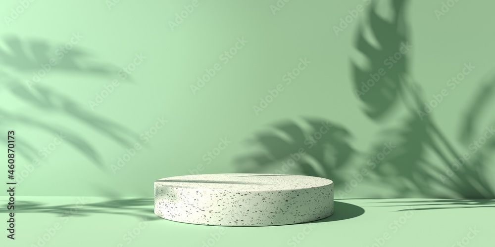 Abstract 3D render of minimal podium and shadow of tropical plants