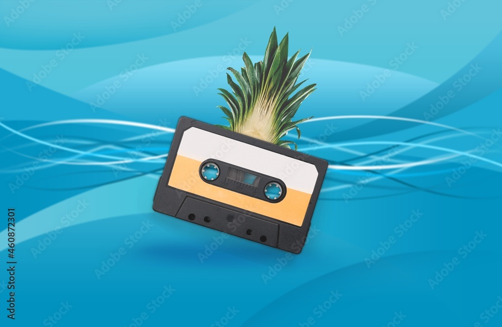 Contemporary artwork with retro cassette with bright pattern and pineapple