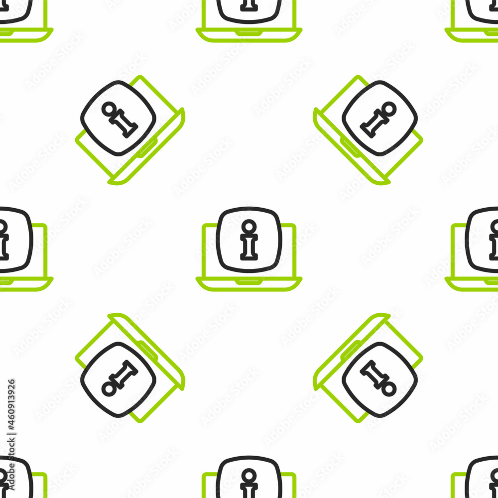 Line Laptop with information icon isolated seamless pattern on white background. Vector