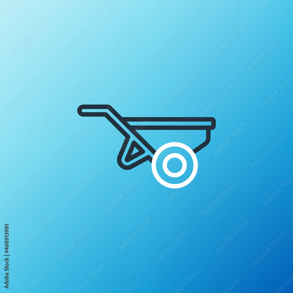 Line Wheelbarrow with dirt icon isolated on blue background. Tool equipment. Agriculture cart wheel 