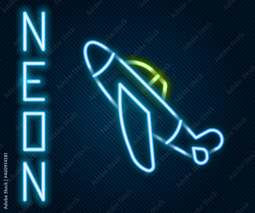 Glowing neon line Toy plane icon isolated on black background. Flying airplane icon. Airliner sign. 