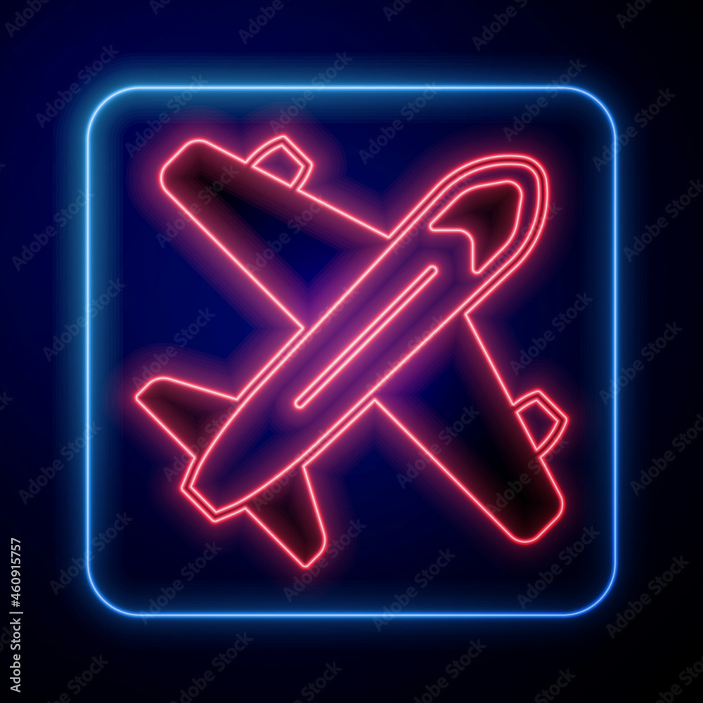 Glowing neon Plane icon isolated on black background. Flying airplane icon. Airliner sign. Vector