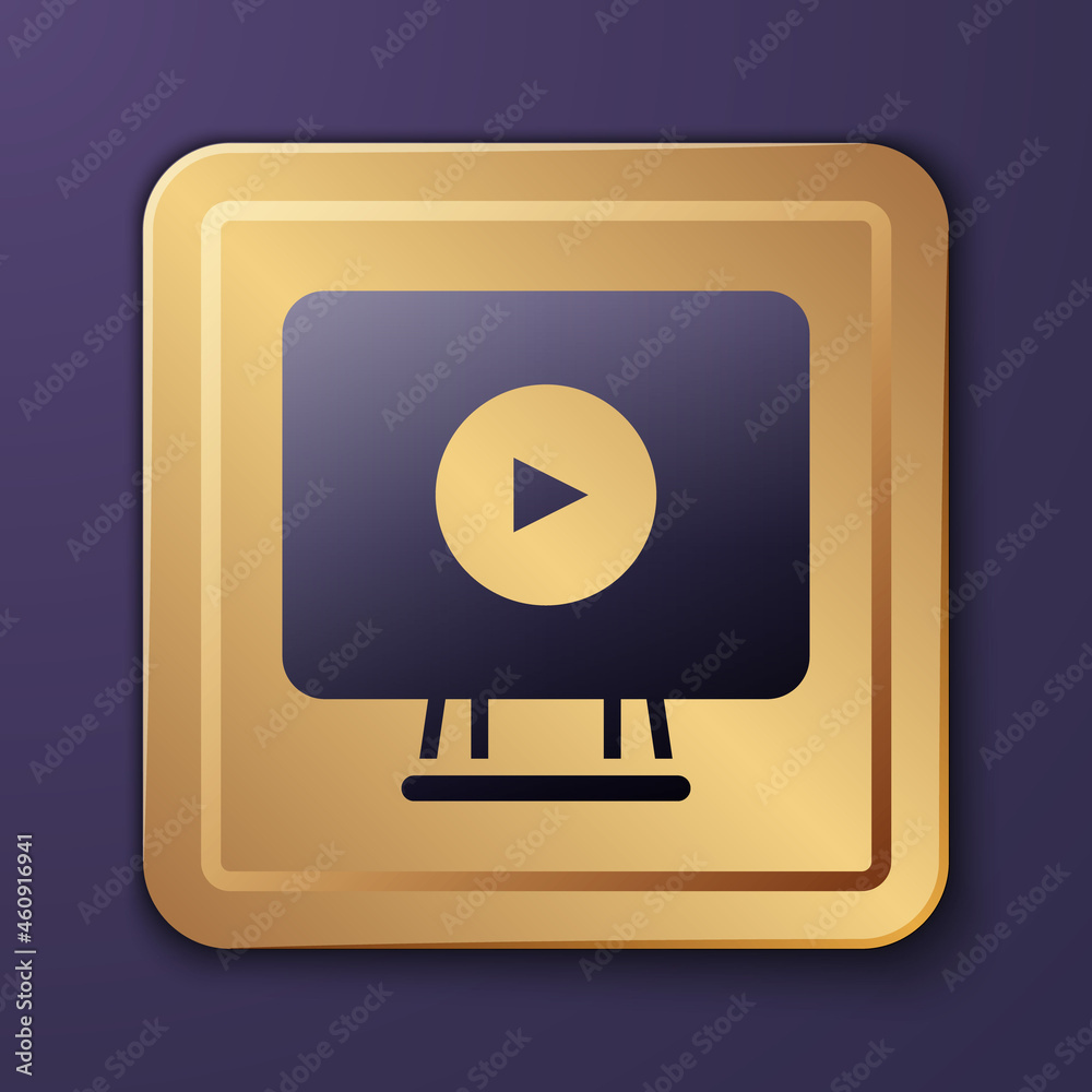 Purple Online play video icon isolated on purple background. Film strip with play sign. Gold square 