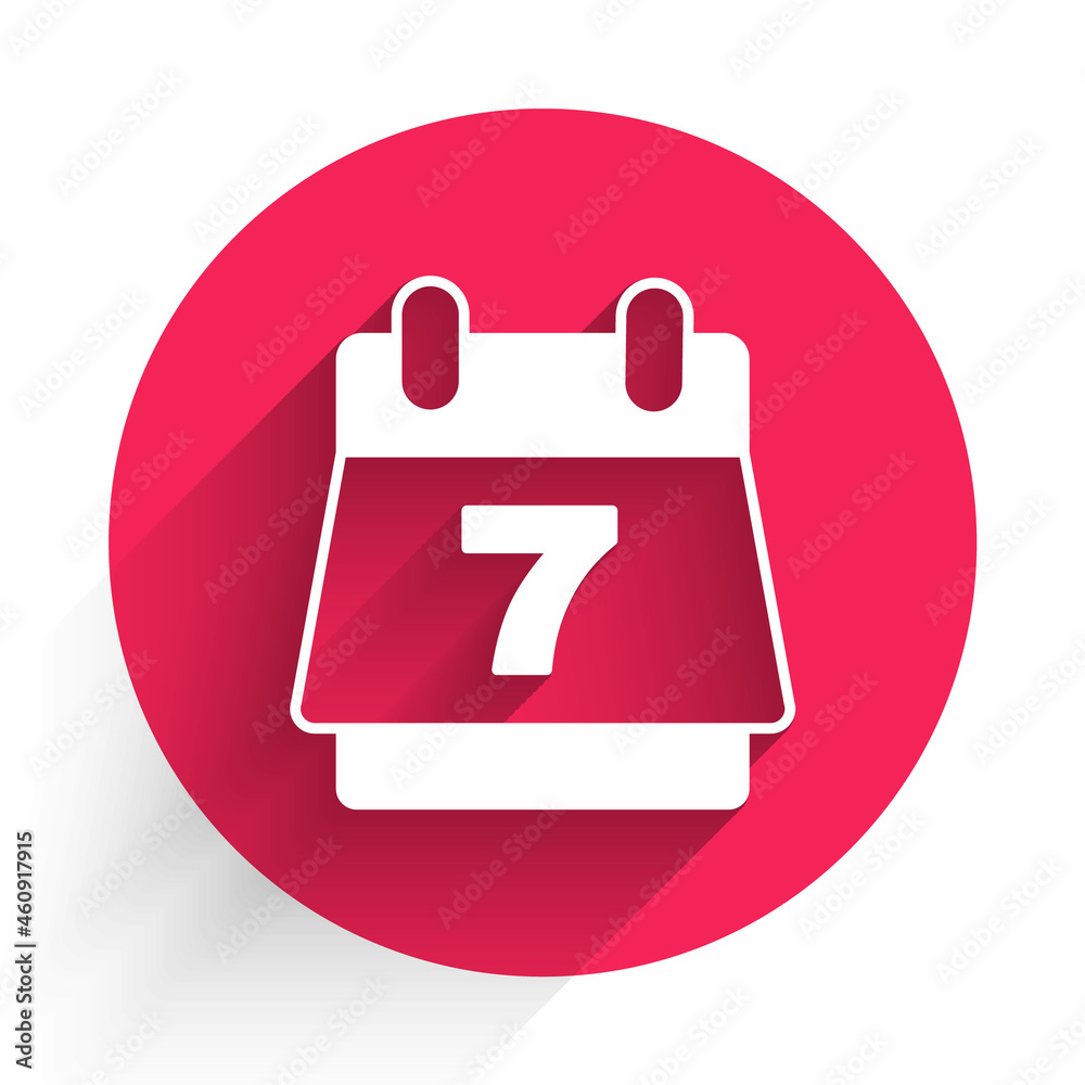 White Hotel booking calendar icon isolated with long shadow background. Red circle button. Vector