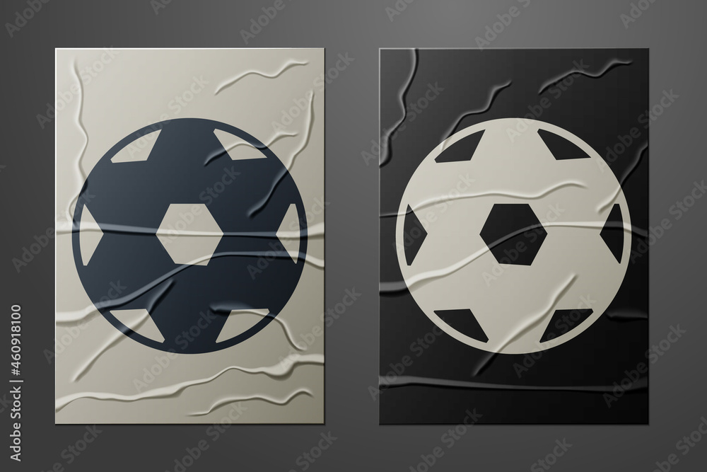 White Soccer football ball icon isolated on crumpled paper background. Sport equipment. Paper art st