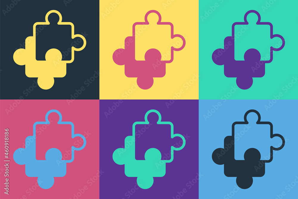 Pop art Puzzle pieces toy icon isolated on color background. Vector