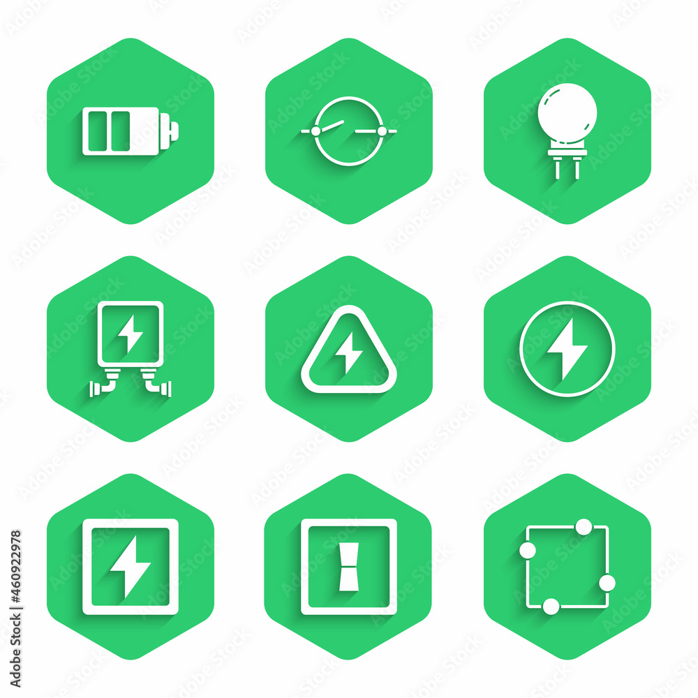 Set High voltage, Electric light switch, circuit scheme, Lightning bolt, transformer, emitting diode