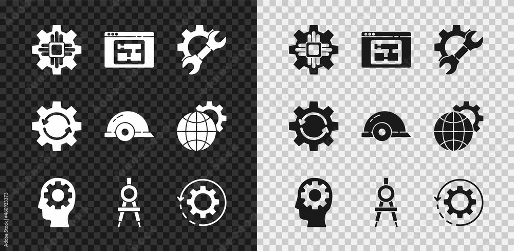 Set Processor, House plan, Wrench spanner and gear, Human head with inside, Drawing compass, Gear ar