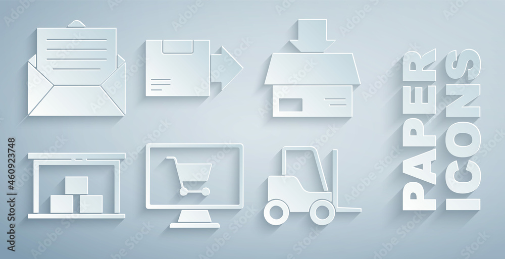 Set Shopping cart on computer, Carton cardboard box, Warehouse, Forklift truck, and Envelope icon. V