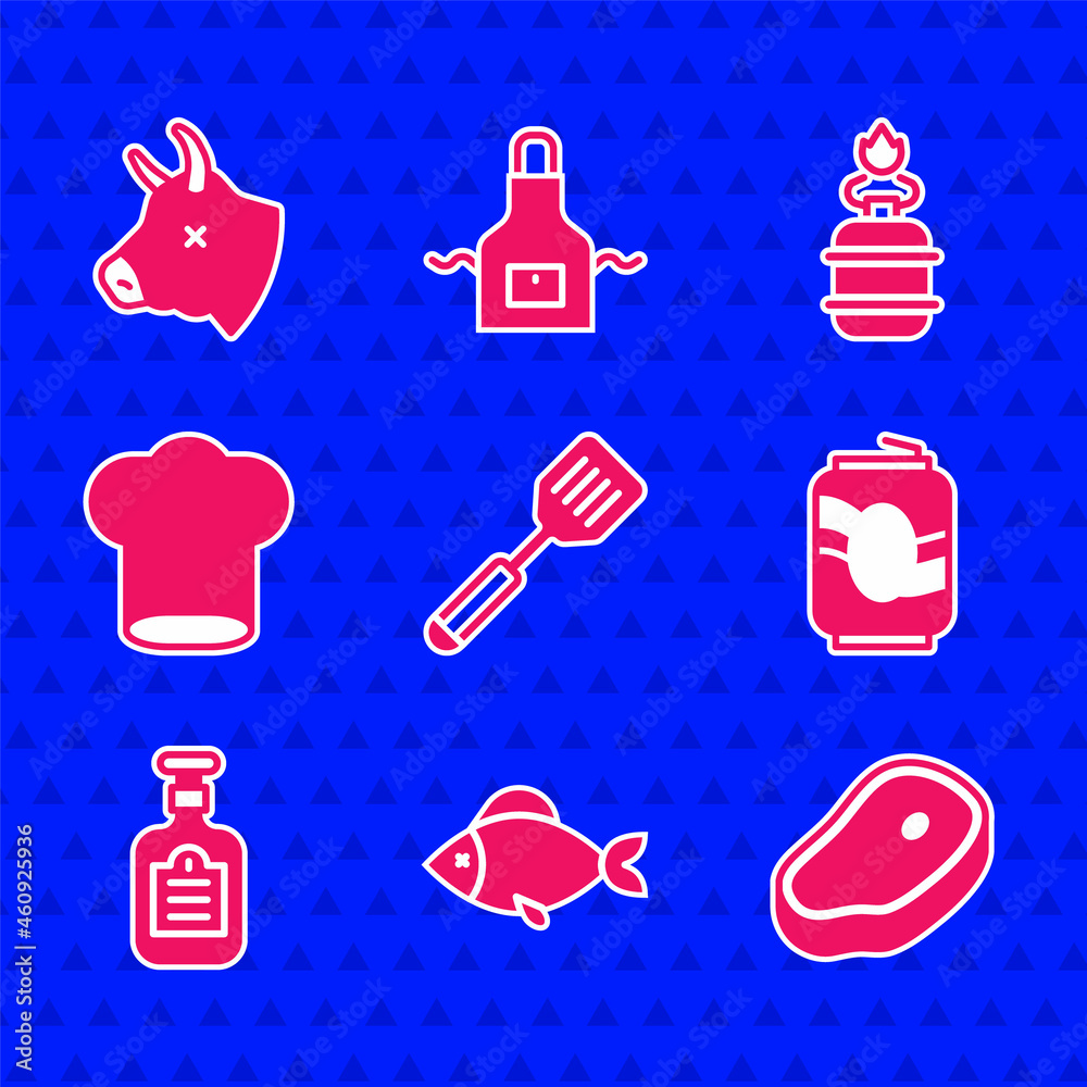 Set Spatula, Fish, Steak meat, Soda can, Sauce bottle, Chef hat, Camping gas stove and Cow head icon