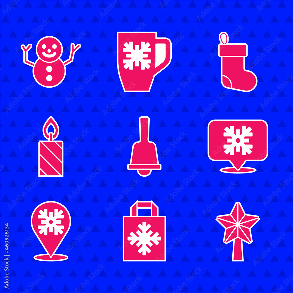 Set Merry Christmas ringing bell, shopping bag, star, Snowflake speech bubble, Burning candle, stock