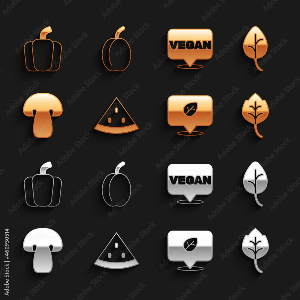 Set Watermelon, Leaf or leaves, Vegan food diet, Mushroom, Bell pepper and Plum fruit icon. Vector