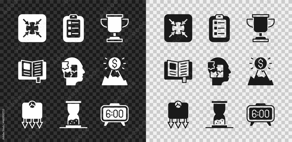 设定目标、待办事项列表或计划、奖杯、减肥、带沙子的旧沙漏、数字警报c