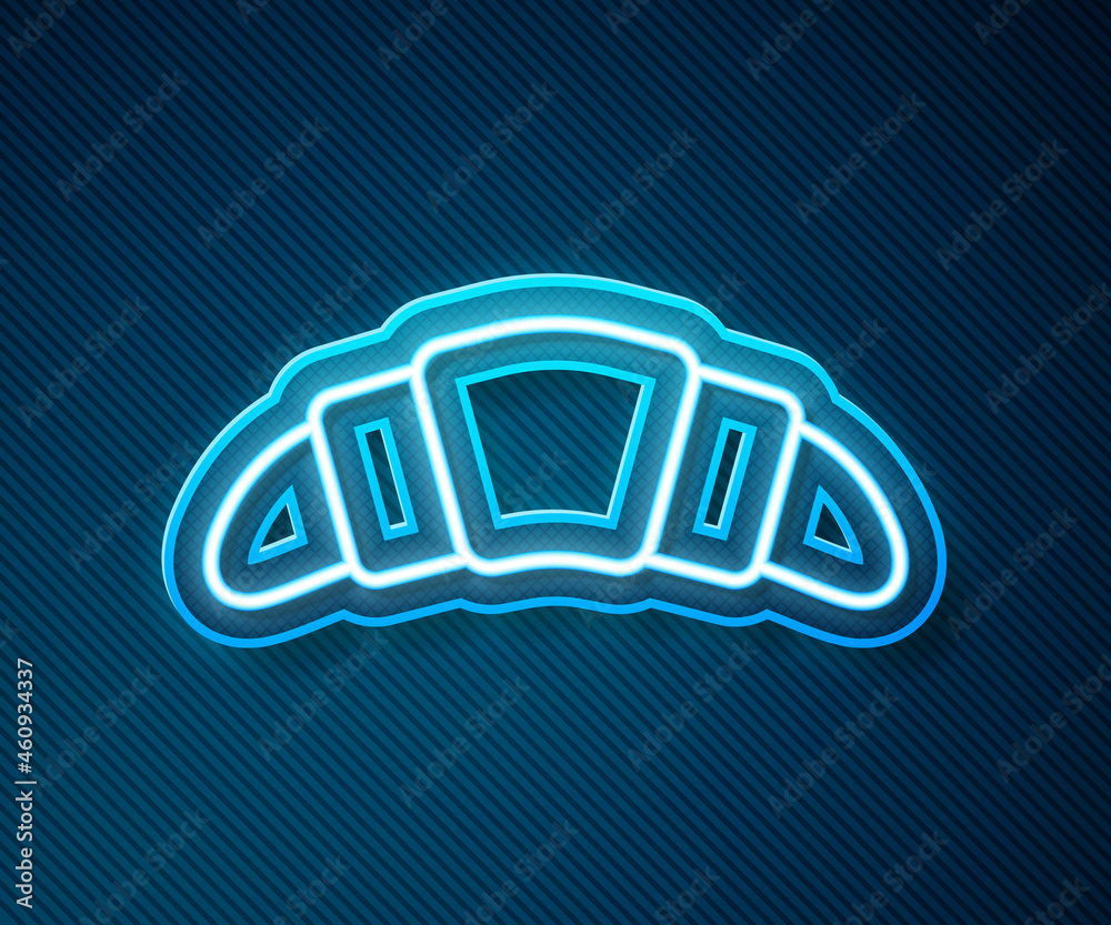 Glowing neon line Croissant icon isolated on blue background. Vector