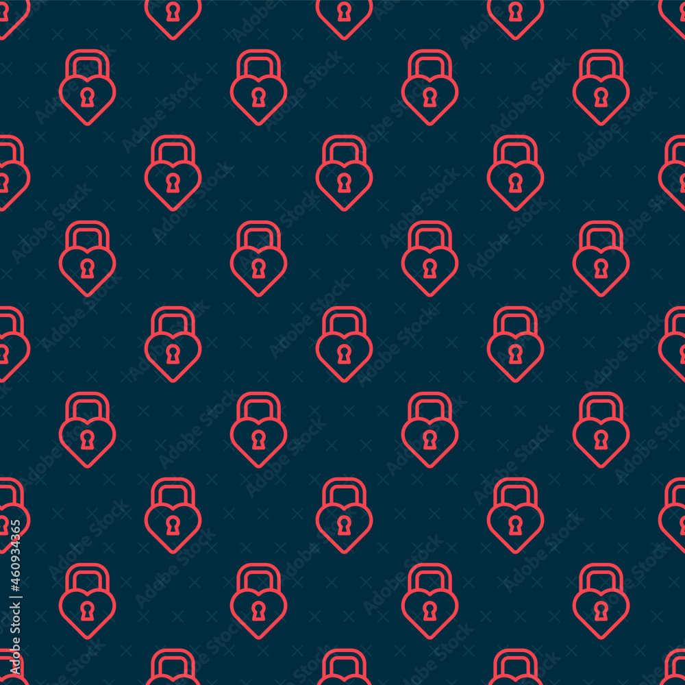 Red line Castle in the shape of a heart icon isolated seamless pattern on black background. Locked H