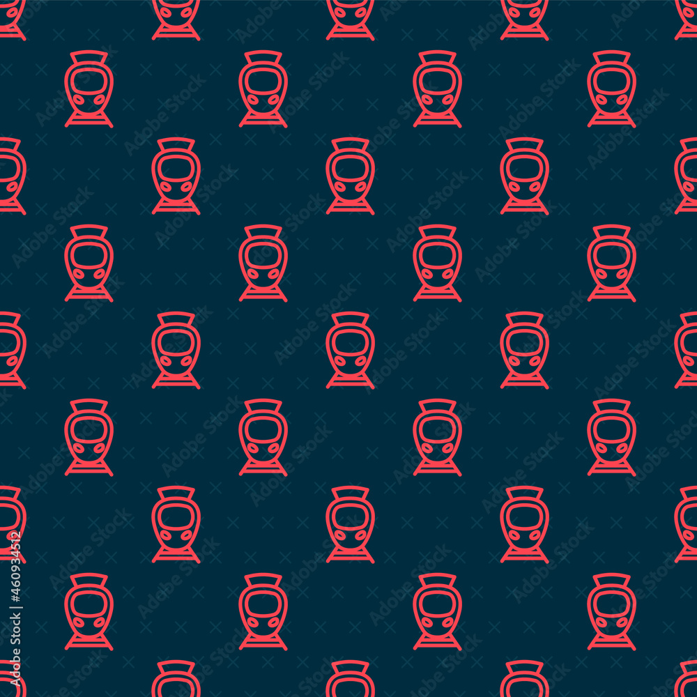 Red line Tram and railway icon isolated seamless pattern on black background. Public transportation 