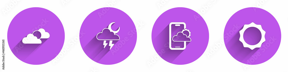 Set Sun and cloud weather, Storm, Weather forecast and icon with long shadow. Vector