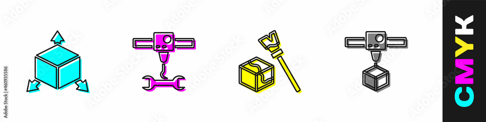 Set Isometric cube, 3D printer wrench spanner, and icon. Vector