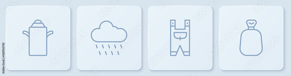 装牛奶的罐装容器，花园工人的衣服，带雨的云朵和满袋。白色方块