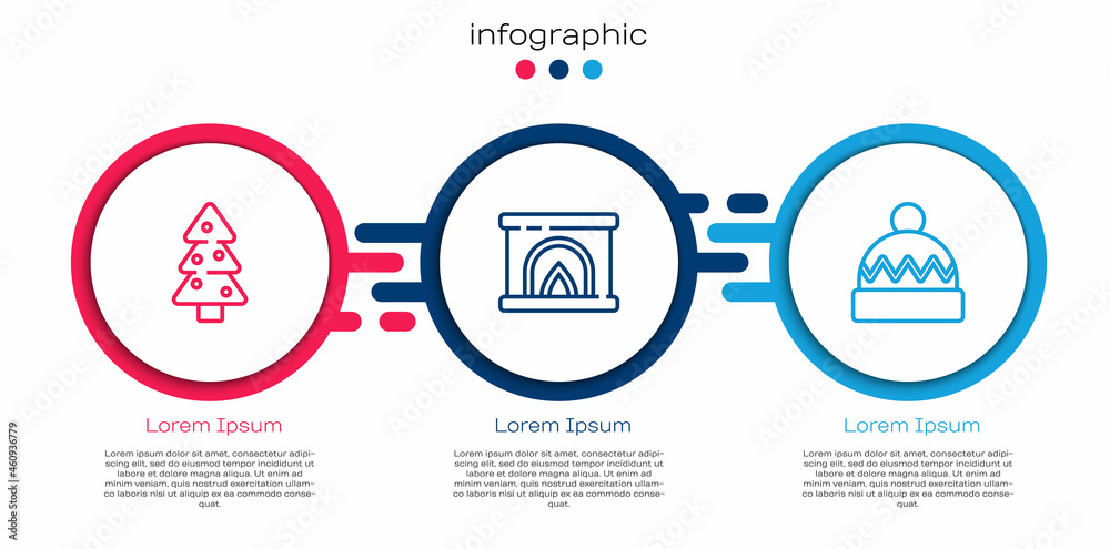 设线圣诞树、室内壁炉和冬季帽子。商业信息图模板。矢量