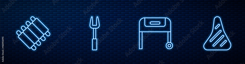 Set line Barbecue grill, Grilled pork bbq ribs, fork and Steak meat. Glowing neon icon on brick wall