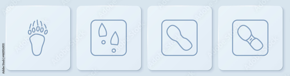 Set line Bear paw footprint, Human footprints shoes, and . White square button. Vector