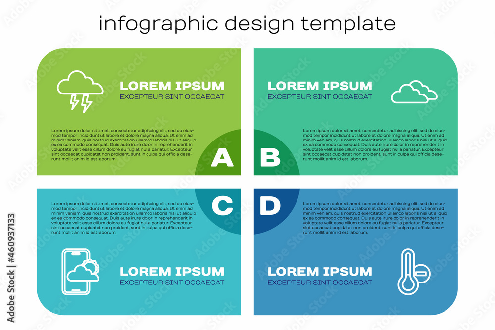 设置天气预报、风暴、气象温度计和云。商业信息图模板。