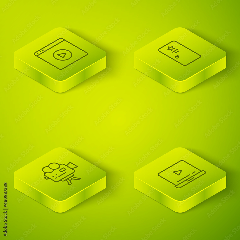 Set Isometric line Backstage, Retro cinema camera, Online play video and icon. Vector