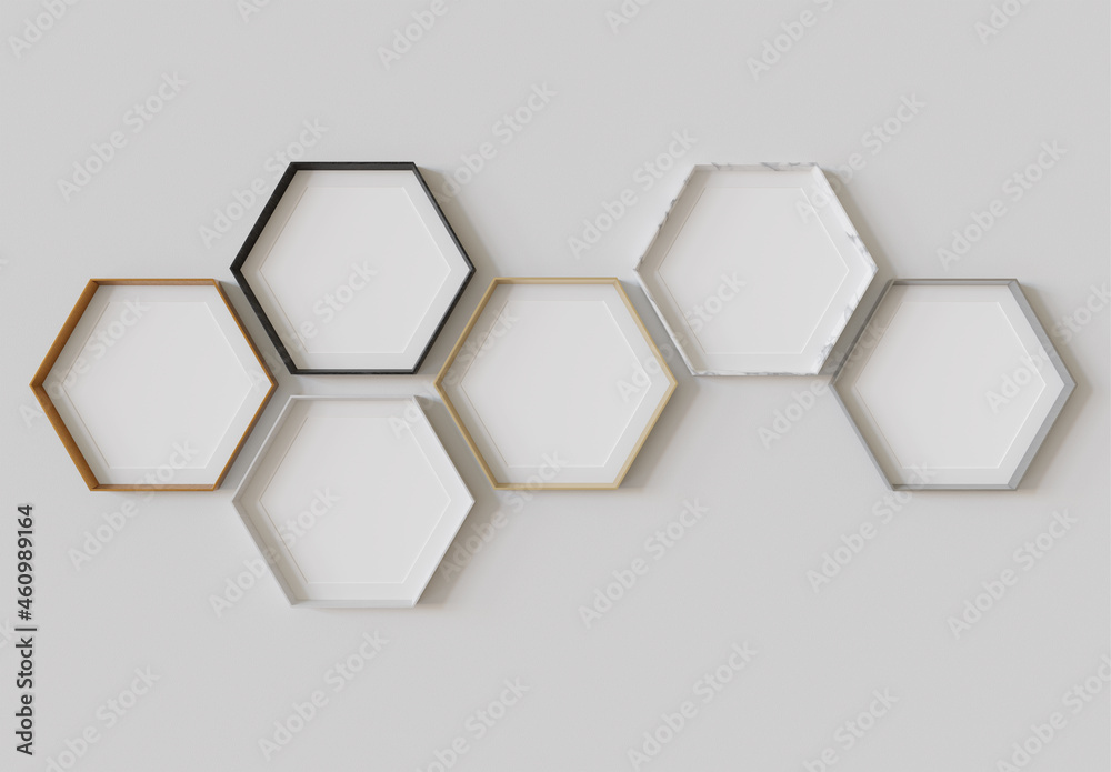 Multi material hexagon blank photo frames mockup hanging on interior wall. Hexagonal pictures on pai