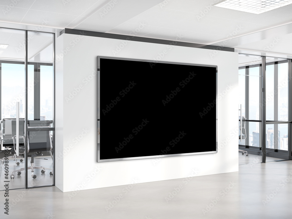 Black horizonal frame Mockup hanging on wall. Mock up of a billboard in modern concrete office inter