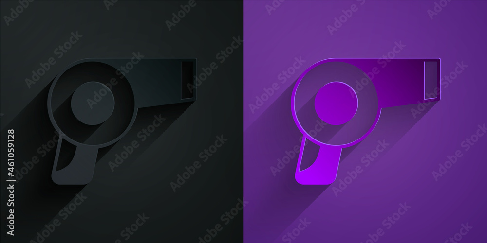 Paper cut Hair dryer icon isolated on black on purple background. Hairdryer sign. Hair drying symbol