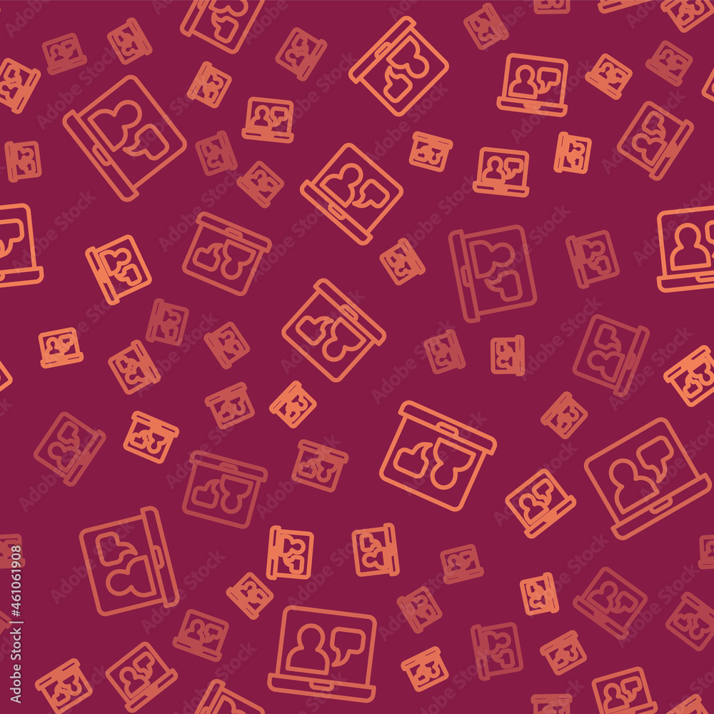 Brown line Online education and graduation icon isolated seamless pattern on red background. Online 