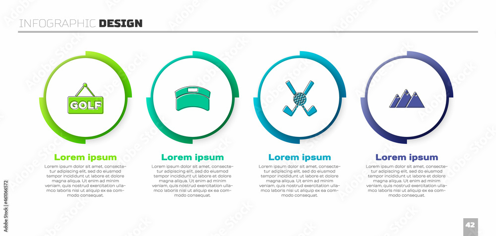 设置高尔夫标签，遮阳帽，带球和山脉的Crossed高尔夫球杆。商业信息图templ