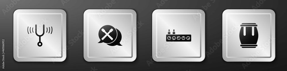 设置音乐音叉、鼓槌、混音器控制器和图标。银色方形按钮。矢量