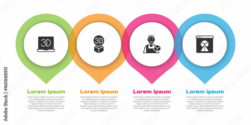 Set 3D printer, Isometric cube, Graphic designer and . Business infographic template. Vector